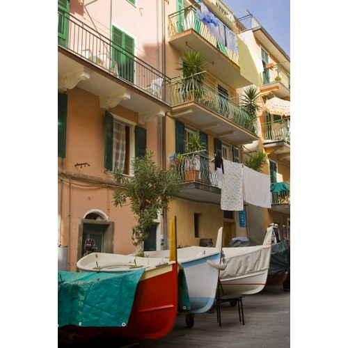 Italy, Manarola Boats stored on the streets